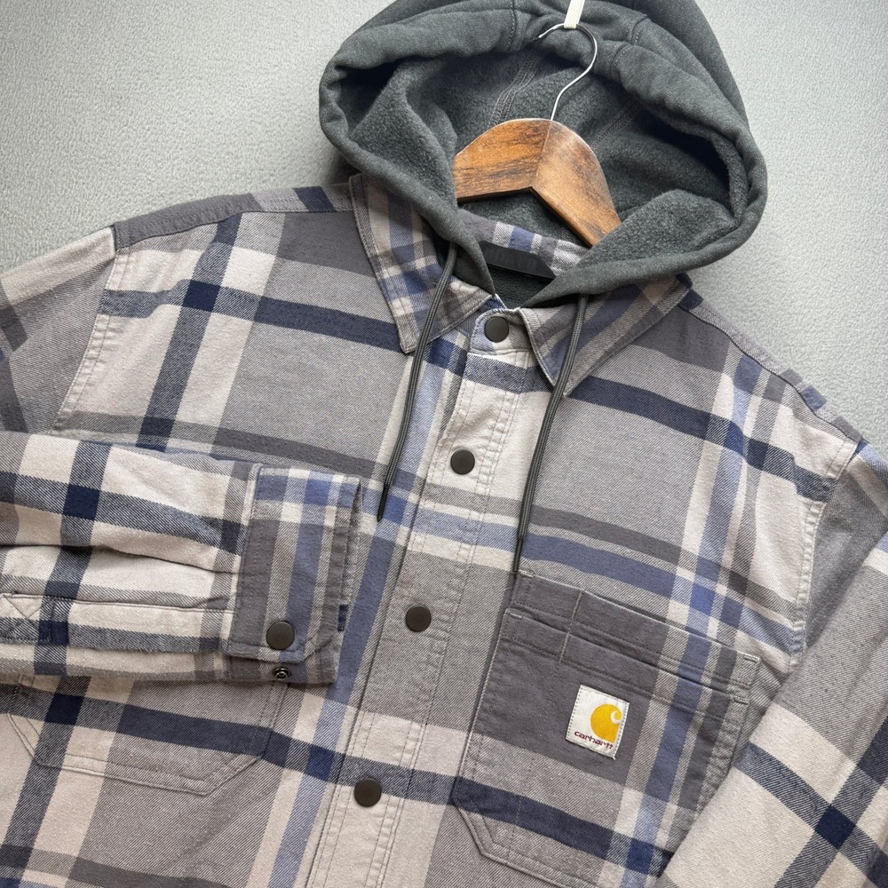 Carhartt Hooded Plaid Flannel Shirt Jacket Men M Gray/Blue Cotton Blend Workwear